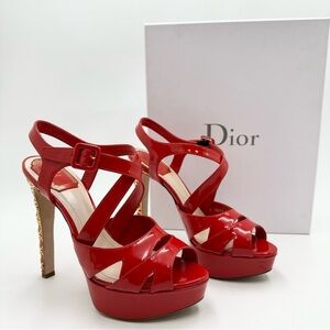 Dior Metal Cannage Strappy Peep Toe Heels Red Patent Leather